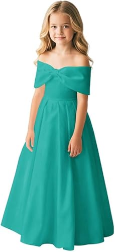 Stain Flower Girl Dresses for Wedding Off Shoulder Bowknot A-line Long Ruffled Dress Pageant Guest Evening Gown