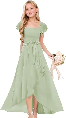 Short Sleeve Flower Girl Dress for Teens A Line Chiffon Junior Bridesmaid Dresses with Bow FFSQ001