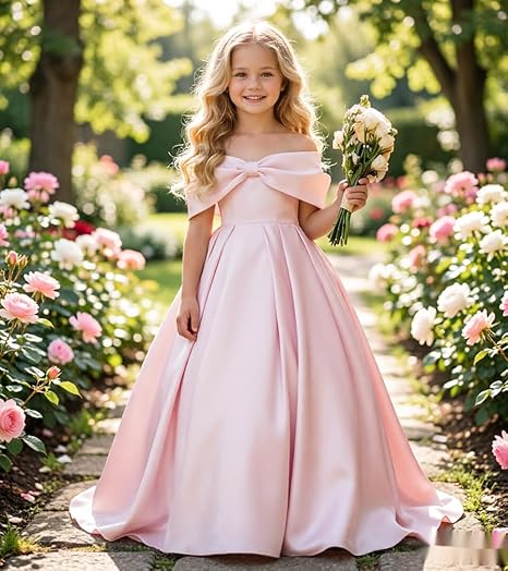 Maxianever Flower Girl Dresses for Wedding Satin Off Shoulder Bow Formal Gown for Girls