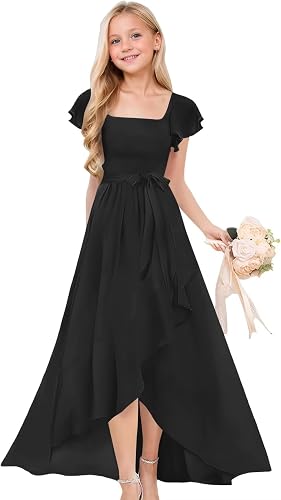 Short Sleeve Flower Girl Dress for Teens A Line Chiffon Junior Bridesmaid Dresses with Bow FFSQ001
