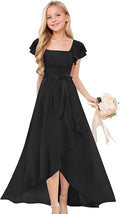 Short Sleeve Flower Girl Dress for Teens A Line Chiffon Junior Bridesmaid Dresses with Bow FFSQ001