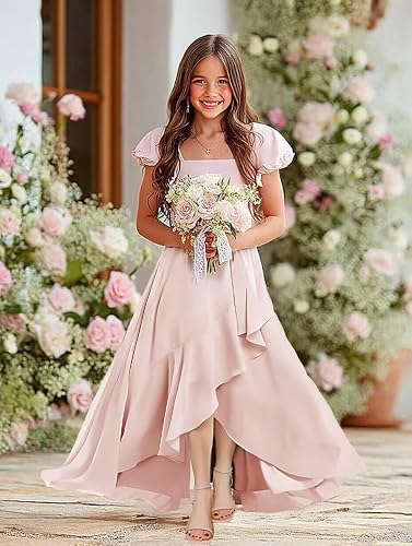 Short Sleeve Flower Girl Dress for Teens A Line Chiffon Junior Bridesmaid Dresses with Bow FFSQ001