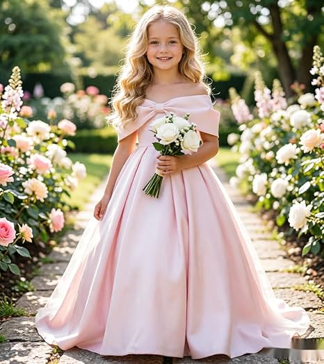 Maxianever Flower Girl Dresses for Wedding Satin Off Shoulder Bow Formal Gown for Girls