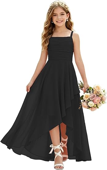 Junior Bridesmaid Dresses for Wedding - Spaghetti Strap High Low Chiffon Formal Gown for Teens