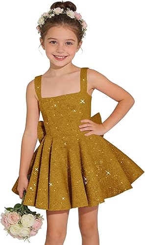 Ouyisha Sparkly Sequin Teen Flower Girl Dresses for Wedding Short Spaghetti Straps Cute Birthday Party Dress with Bow