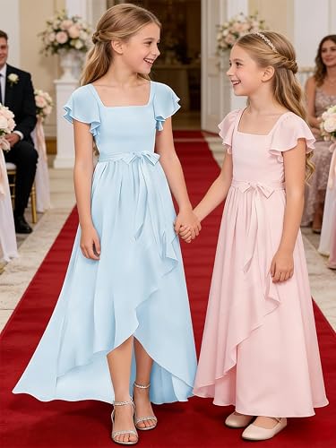Short Sleeve Flower Girl Dress for Teens A Line Chiffon Junior Bridesmaid Dresses with Bow FFSQ001