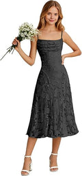 Junior Bridesmaid Dress Spaghetti Strap Floral Jacquard Midi A-Line Formal Cocktail Party Dress for Teens