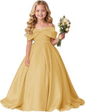 Maxianever Flower Girl Dresses for Wedding Satin Off Shoulder Bow Formal Gown for Girls