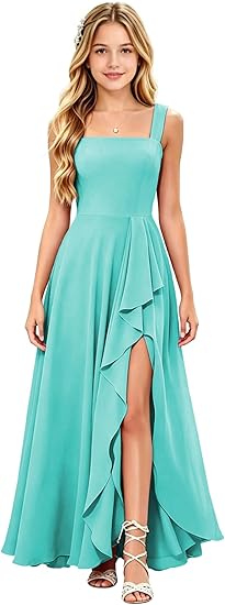 Girls Junior Bridesmaid Dresses Square Neck Chiffon Formal Gown with Ruffle Slit for Wedding Party Teens