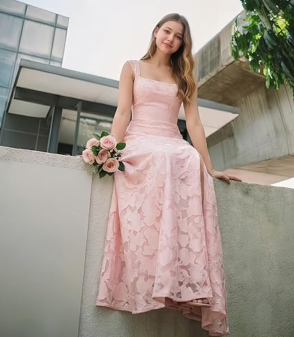 Lace Floral Junior Bridesmaid Dress for Wedding Long Slit A-line Square Neck Dress Prom Communion Guest Evening Gown