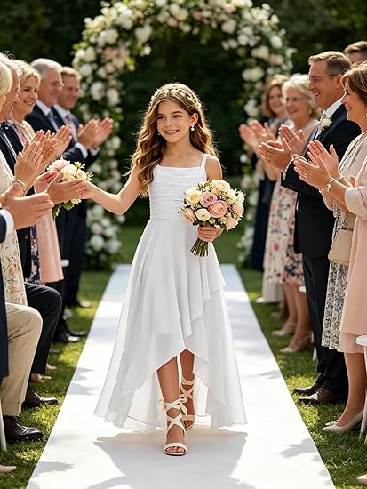 Junior Bridesmaid Dresses for Wedding - Spaghetti Strap High Low Chiffon Formal Gown for Teens