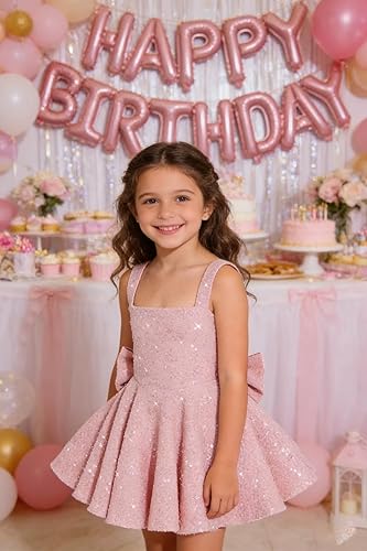 Ouyisha Sparkly Sequin Teen Flower Girl Dresses for Wedding Short Spaghetti Straps Cute Birthday Party Dress with Bow