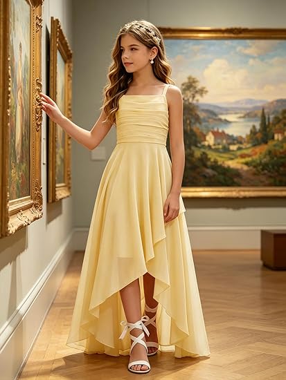 Junior Bridesmaid Dresses for Wedding - Spaghetti Strap High Low Chiffon Formal Gown for Teens
