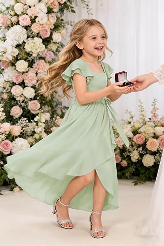 Short Sleeve Flower Girl Dress for Teens A Line Chiffon Junior Bridesmaid Dresses with Bow FFSQ001