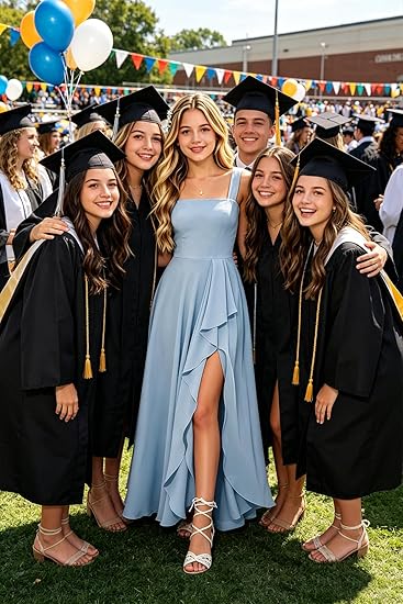 Girls Junior Bridesmaid Dresses Square Neck Chiffon Formal Gown with Ruffle Slit for Wedding Party Teens