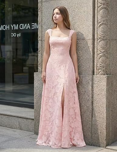 Lace Floral Junior Bridesmaid Dress for Wedding Long Slit A-line Square Neck Dress Prom Communion Guest Evening Gown