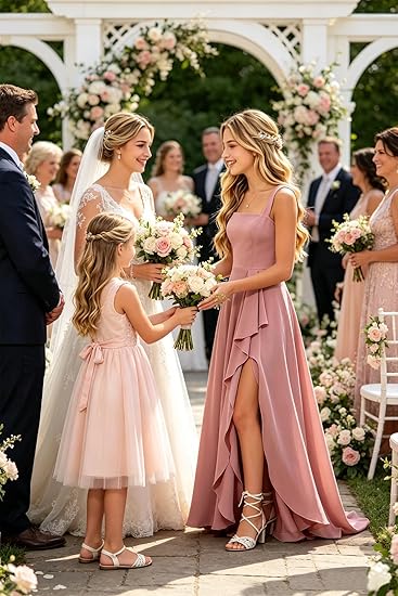 Girls Junior Bridesmaid Dresses Square Neck Chiffon Formal Gown with Ruffle Slit for Wedding Party Teens