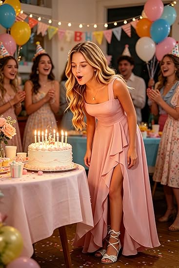 Girls Junior Bridesmaid Dresses Square Neck Chiffon Formal Gown with Ruffle Slit for Wedding Party Teens