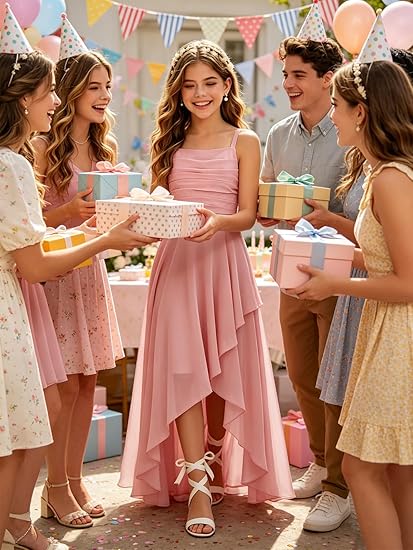 Junior Bridesmaid Dresses for Wedding - Spaghetti Strap High Low Chiffon Formal Gown for Teens
