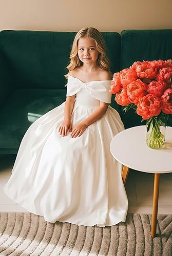 Stain Flower Girl Dresses for Wedding Off Shoulder Bowknot A-line Long Ruffled Dress Pageant Guest Evening Gown