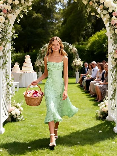 Junior Bridesmaid Dress Spaghetti Strap Floral Jacquard Midi A-Line Formal Cocktail Party Dress for Teens