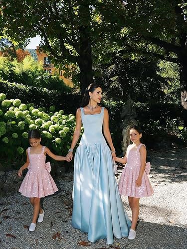 Ouyisha Sparkly Sequin Teen Flower Girl Dresses for Wedding Short Spaghetti Straps Cute Birthday Party Dress with Bow