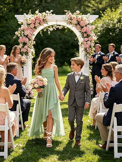 Junior Bridesmaid Dresses for Wedding - Spaghetti Strap High Low Chiffon Formal Gown for Teens