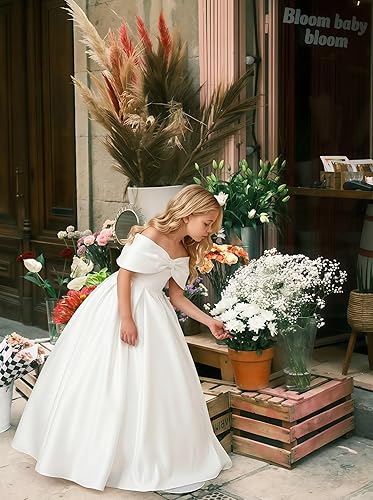 Stain Flower Girl Dresses for Wedding Off Shoulder Bowknot A-line Long Ruffled Dress Pageant Guest Evening Gown